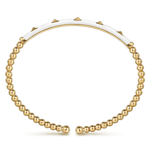14K Yellow Gold Bujukan Beads and Pyramid Split Bangle with White Enamel