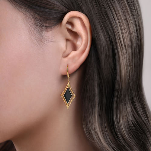 14K Yellow Gold Bujukan Black Onyx Drop Earrings 