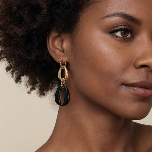 14K Yellow Gold Bujukan Black Onyx Huggie Drop Earrings