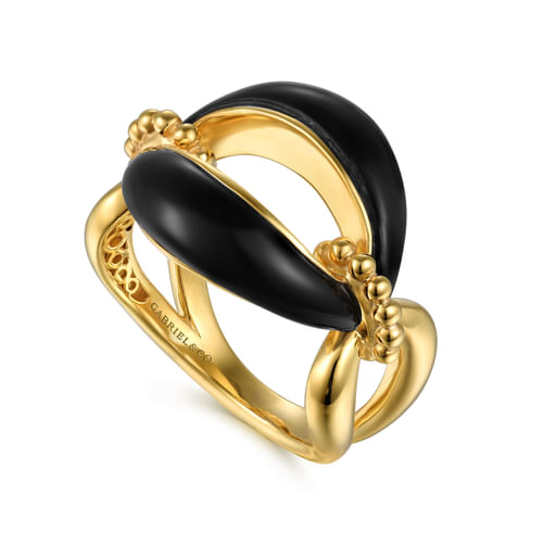 14K Yellow Gold Bujukan Black Onyx Link Chain Ring