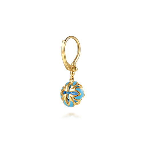 14K Yellow Gold Bujukan Blue Topaz Clover Drop Earrings with Dusk Blue Enamel