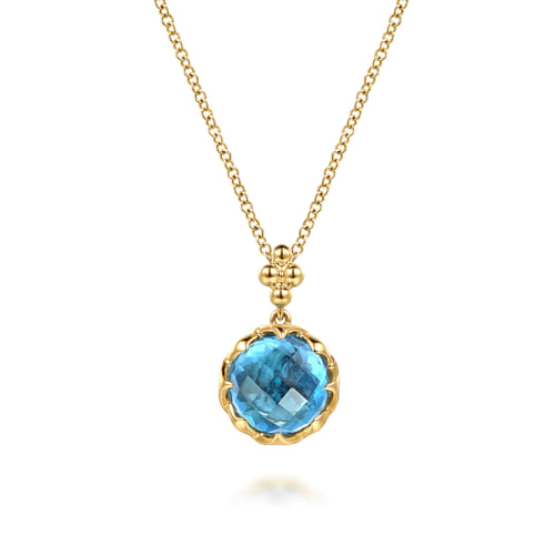 14K Yellow Gold Bujukan Blue Topaz Clover Pendant Necklace with Dusk Blue Enamel 14K Yellow Gold Bujukan Blue Topaz Clover Pendant Necklace with Dusk Blue Enamel