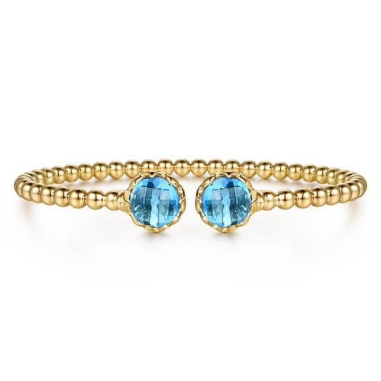 14K Yellow Gold Bujukan Blue Topaz Floral Split Bangle Bracelet with Dusk Blue Enamel