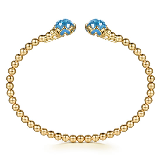 14K Yellow Gold Bujukan Blue Topaz Floral Split Bangle Bracelet with Dusk Blue Enamel angle 3