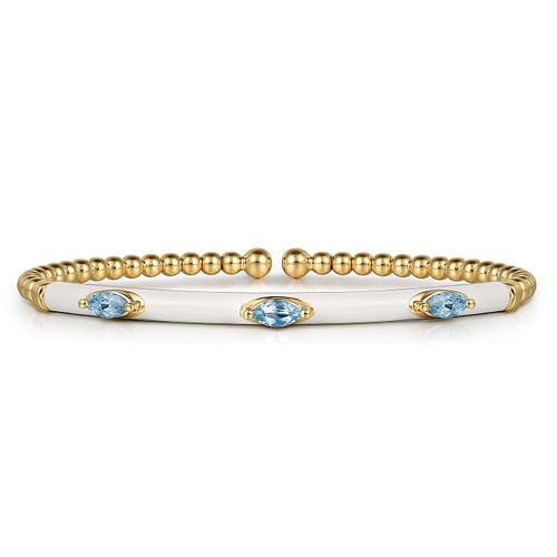 14K Yellow Gold Bujukan Blue Topaz Split Bangle with White Enamel