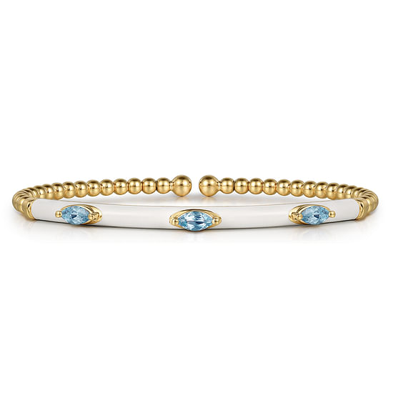 Gabriel - 14K Yellow Gold Bujukan Blue Topaz Split Bangle with White Enamel