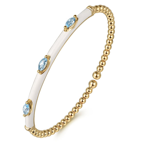 14K Yellow Gold Bujukan Blue Topaz Split Bangle with White Enamel