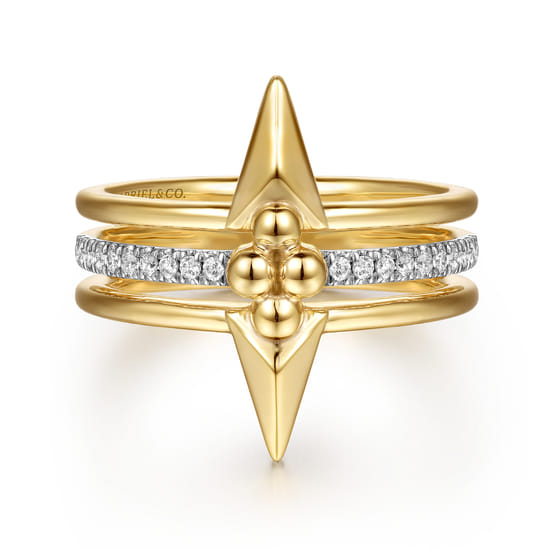 Gabriel - 14K Yellow Gold Bujukan Clover and Triangle Pyramid Diamond Easy Stackable Ring Gabriel - 14K Yellow Gold Bujukan Clover and Triangle Pyramid Diamond Easy Stackable Ring