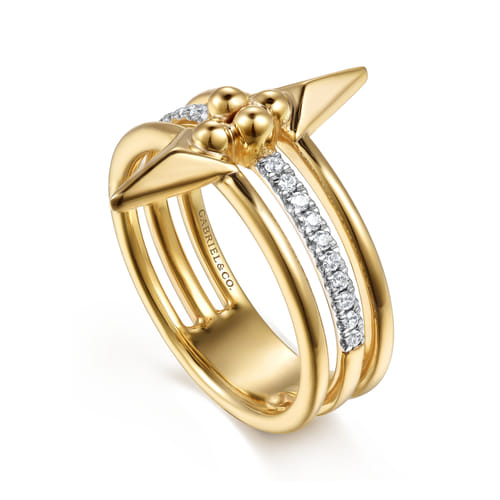 14K Yellow Gold Bujukan Clover and Triangle Pyramid Diamond Easy Stackable Ring