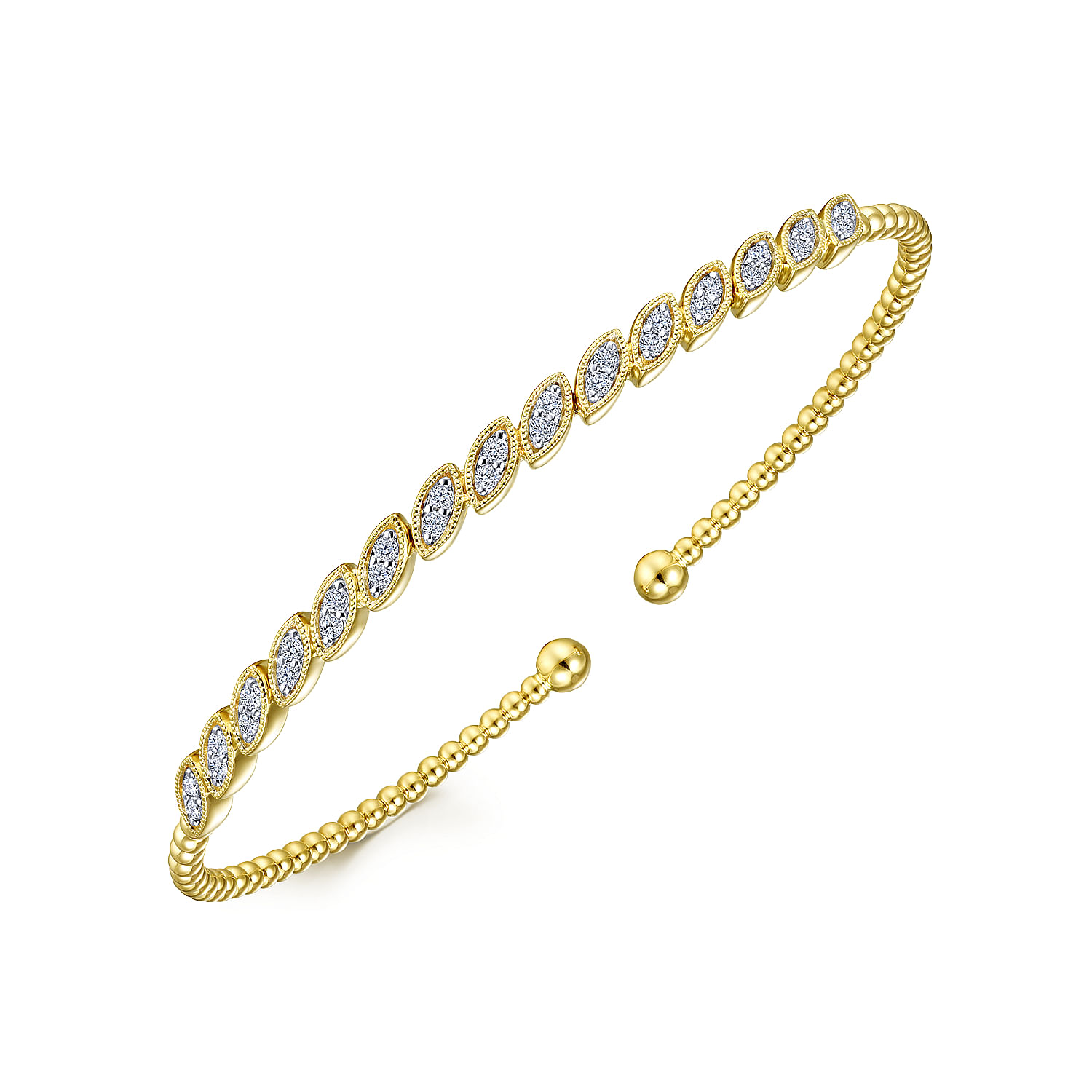 14K Yellow Gold Bujukan Cuff Bracelet with Diamond Filled Marquise Stations
