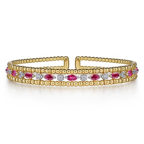 14K Yellow Gold Bujukan Cuff Bracelet with Marquise Ruby and Round Diamonds