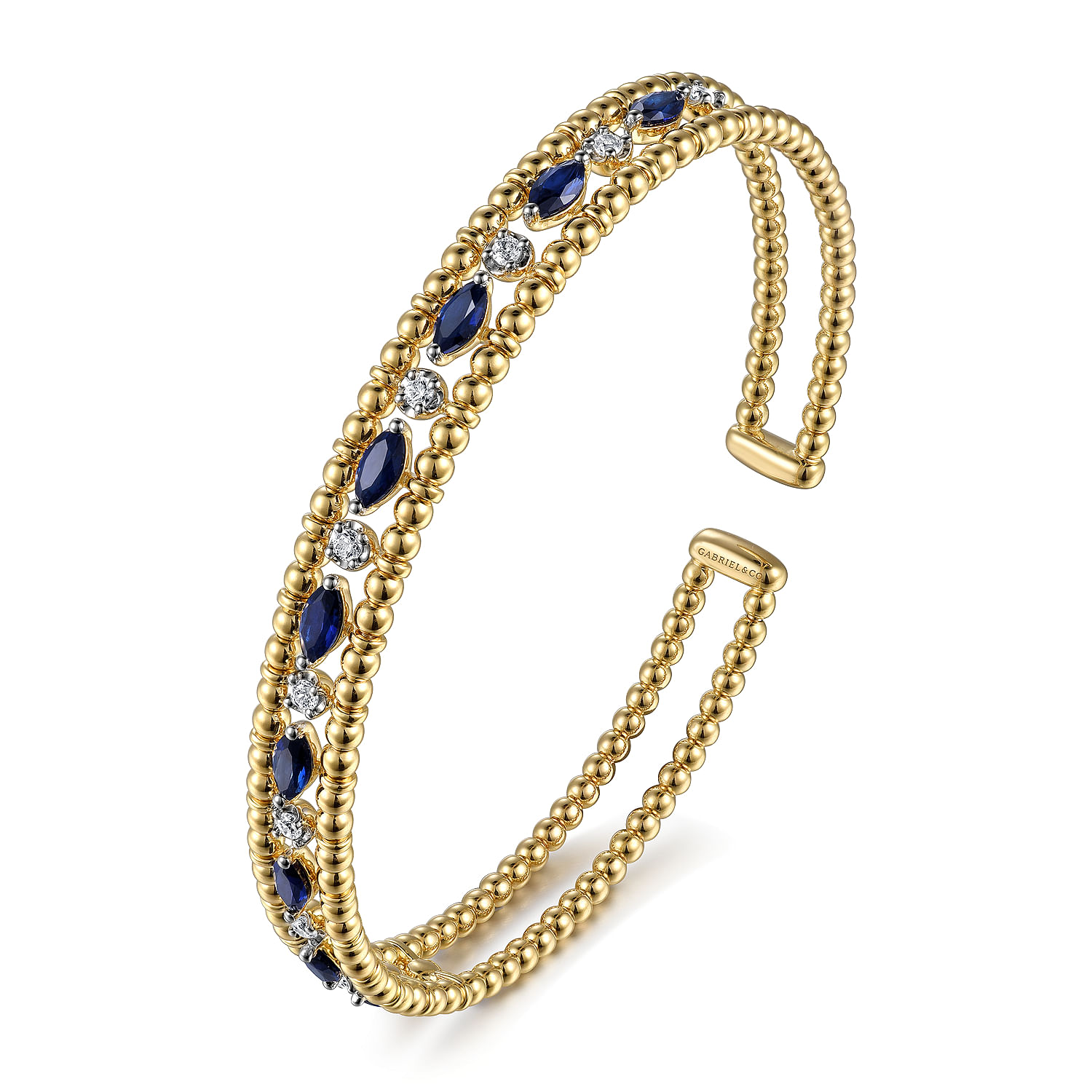 14K Yellow Gold Bujukan Cuff Bracelet with Marquise Sapphire and Round Diamonds