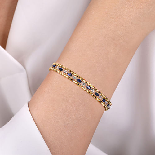 14K Yellow Gold Bujukan Cuff Bracelet with Marquise Sapphire and Round Diamonds