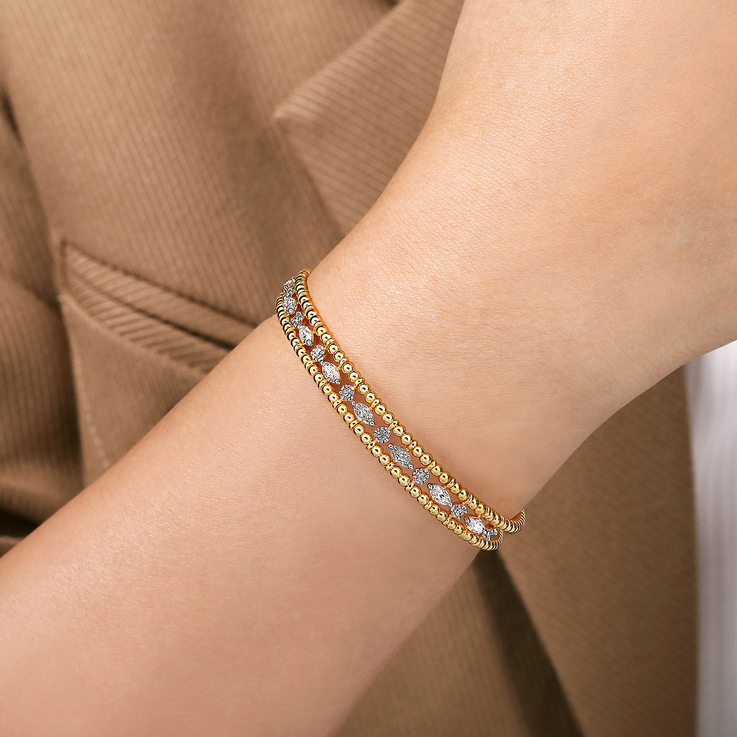 14K Yellow Gold Bujukan Cuff Bracelet with Marquise and Round Diamonds