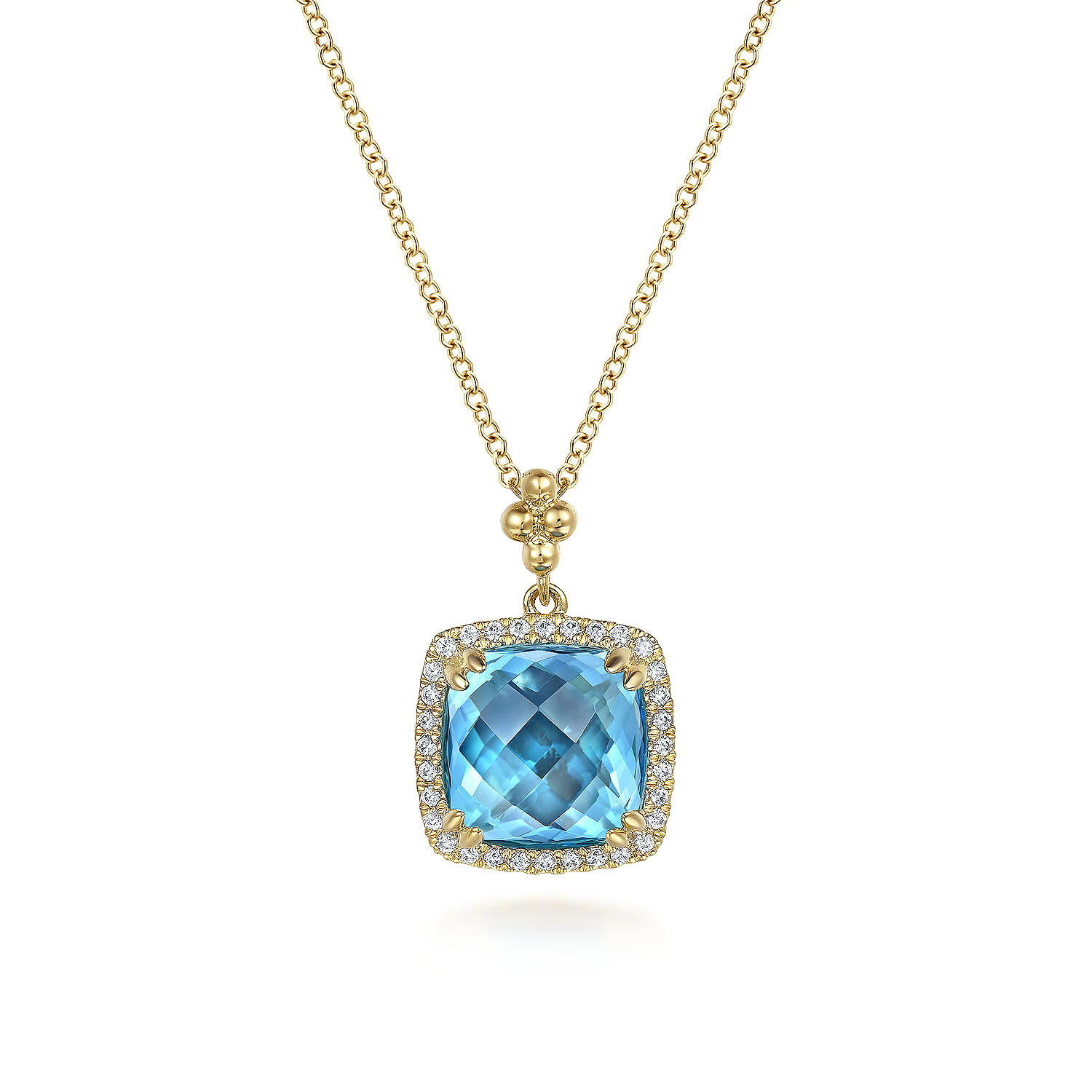 Gabriel - 14K Yellow Gold Bujukan Cushion Blue Topaz with Diamond Halo Necklace