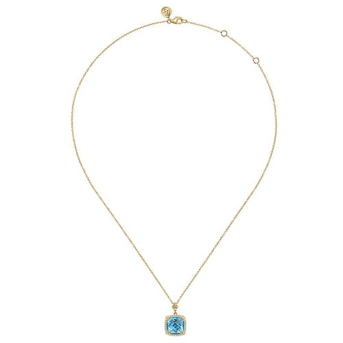 14K Yellow Gold Bujukan Cushion Blue Topaz with Diamond Halo Necklace