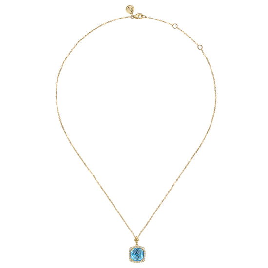 14K Yellow Gold Bujukan Cushion Blue Topaz with Diamond Halo Necklace angle 2