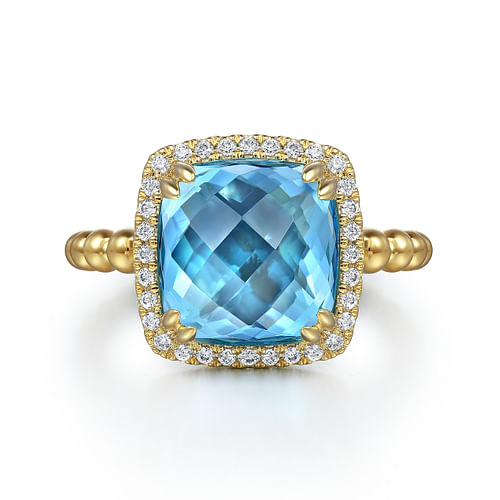 14K Yellow Gold Bujukan Cushion Blue Topaz with Diamond Halo Ring