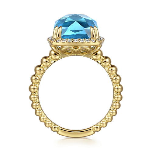 14K Yellow Gold Bujukan Cushion Blue Topaz with Diamond Halo Ring