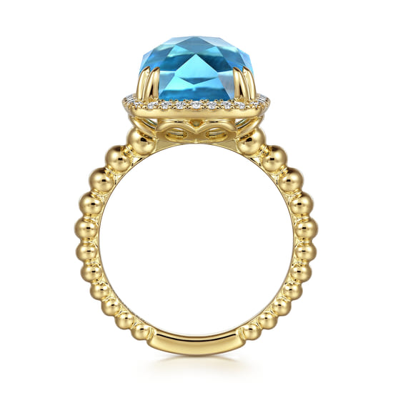 14K Yellow Gold Bujukan Cushion Blue Topaz with Diamond Halo Ring angle 2