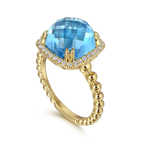 14K Yellow Gold Bujukan Cushion Blue Topaz with Diamond Halo Ring