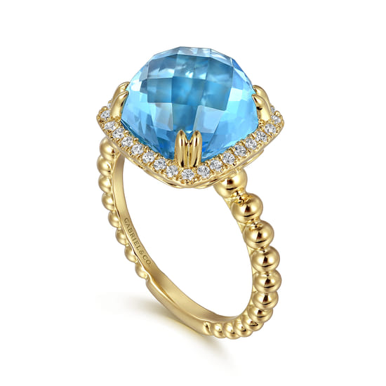 14K Yellow Gold Bujukan Cushion Blue Topaz with Diamond Halo Ring angle 3