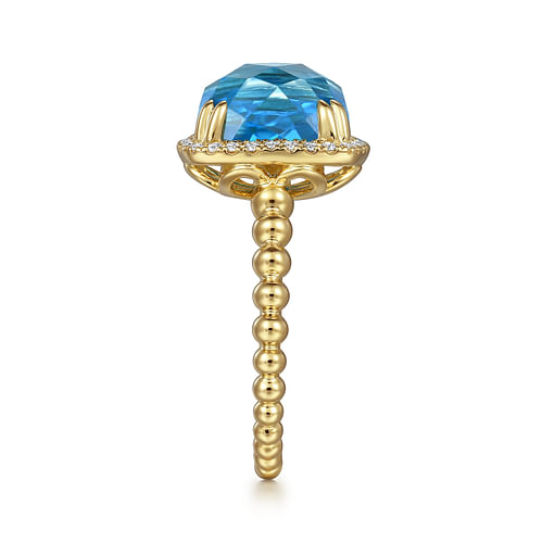 14K Yellow Gold Bujukan Cushion Blue Topaz with Diamond Halo Ring