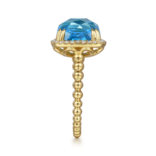 14K Yellow Gold Bujukan Cushion Blue Topaz with Diamond Halo Ring angle 4