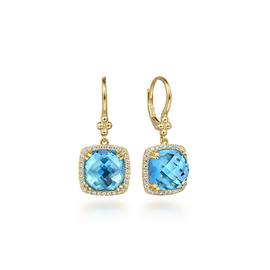 Gabriel - 14K Yellow Gold Bujukan Cushion Blue Topaz’s with Diamond Halo Earrings