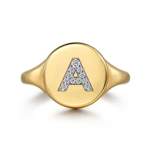 14K Yellow Gold Bujukan Diamond A Initial Signet Ring