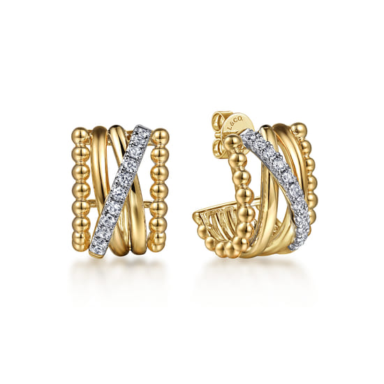 14K Yellow Gold Bujukan Diamond Criss Cross J Hoop Earrings 14K Yellow Gold Bujukan Diamond Criss Cross J Hoop Earrings