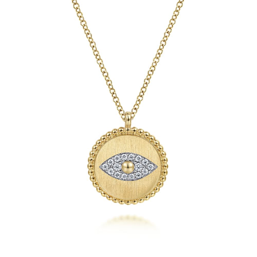 14K Yellow Gold Bujukan Diamond Evil Eye Medallion Necklace 