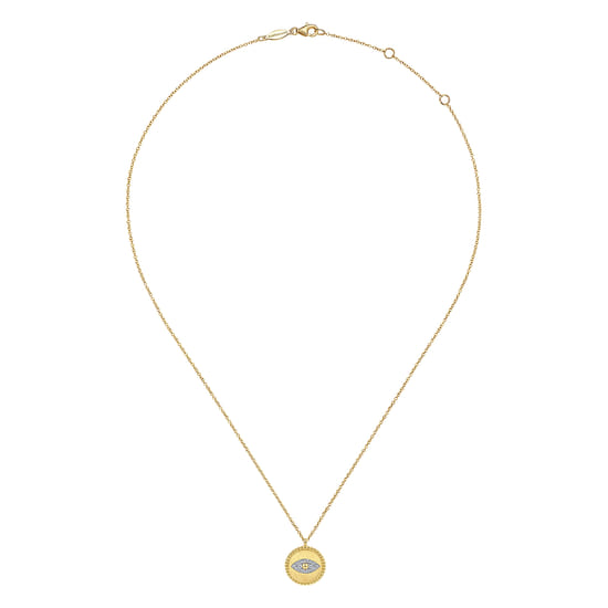 14K Yellow Gold Bujukan Diamond Evil Eye Medallion Necklace  angle 2