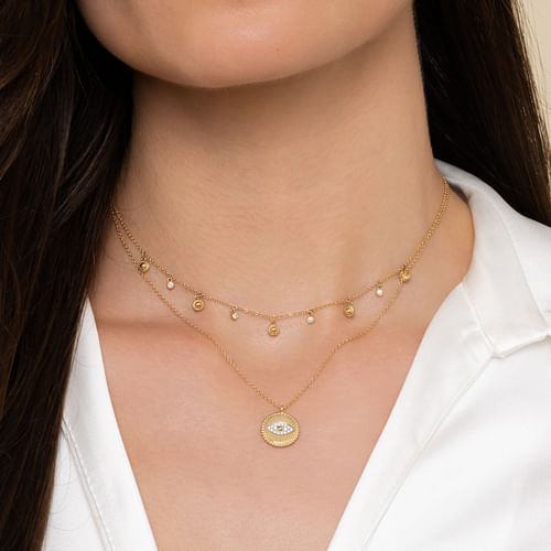 14K Yellow Gold Bujukan Diamond Evil Eye Medallion Necklace 