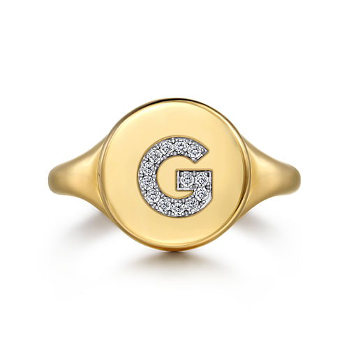 14K Yellow Gold Bujukan Diamond G Initial Signet Ring