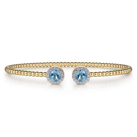 14K Yellow Gold Bujukan Diamond Halo and Blue Topaz Bangle