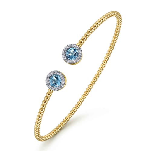 14K Yellow Gold Bujukan Diamond Halo and Blue Topaz Bangle