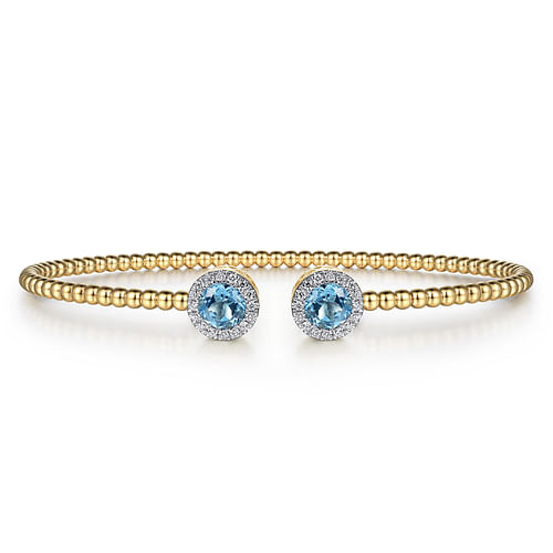 14K Yellow Gold Bujukan Diamond Halo and Blue Topaz Bangle