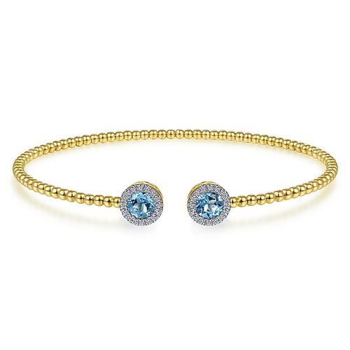 14K Yellow Gold Bujukan Diamond Halo and Blue Topaz Bangle