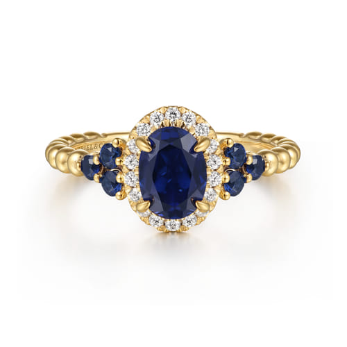 14K Yellow Gold Bujukan Diamond Halo and Oval Blue Sapphire Fashion Ring 