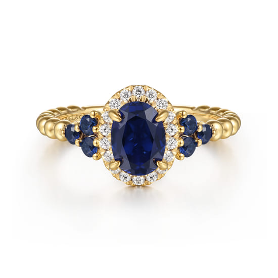 14K Yellow Gold Bujukan Diamond Halo and Oval Blue Sapphire Fashion Ring 