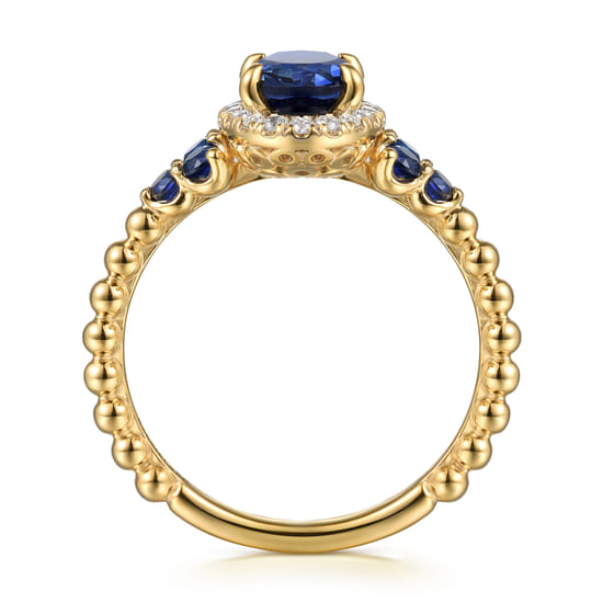 14K Yellow Gold Bujukan Diamond Halo and Oval Blue Sapphire Fashion Ring  angle 2