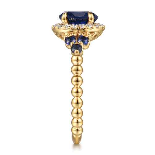 14K Yellow Gold Bujukan Diamond Halo and Oval Blue Sapphire Fashion Ring 
