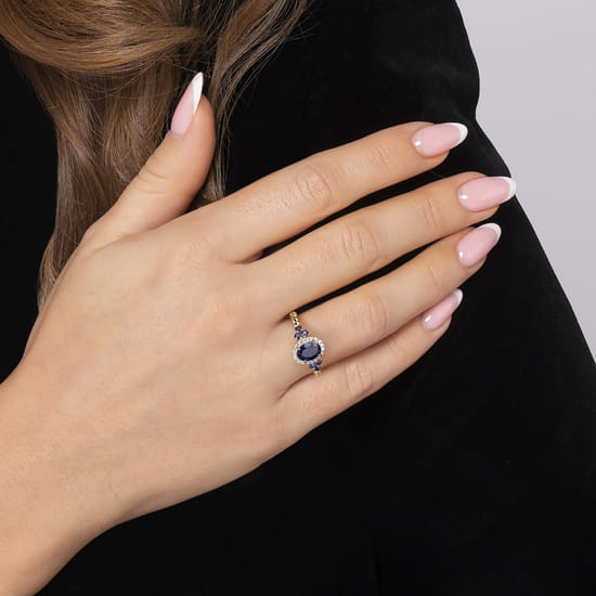 14K Yellow Gold Bujukan Diamond Halo and Oval Blue Sapphire Fashion Ring  angle 5