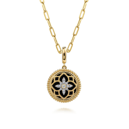 14K Yellow Gold Bujukan Diamond and Black Onyx Medallion Pendant in size 18mm With Detachable Bail