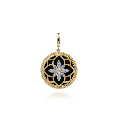 14K Yellow Gold Bujukan Diamond and Black Onyx Medallion Pendant in size 24mm With Detachable Bail 14K Yellow Gold Bujukan Diamond and Black Onyx Medallion Pendant in size 24mm With Detachable Bail