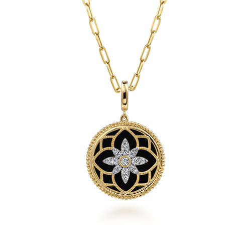 14K Yellow Gold Bujukan Diamond and Black Onyx Medallion Pendant in size 24mm With Detachable Bail 14K Yellow Gold Bujukan Diamond and Black Onyx Medallion Pendant in size 24mm With Detachable Bail