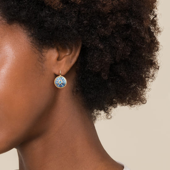 14K Yellow Gold Bujukan Diamond and Blue Topaz Leverback Drop Earrings with Blue and Dust Blue and White Enamel angle 3