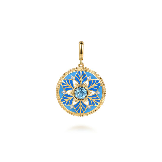 Gabriel - 14K Yellow Gold Bujukan Diamond and Blue Topaz Medallion with Blue and Dust Blue and White Enamel