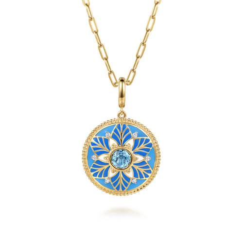 14K Yellow Gold Bujukan Diamond and Blue Topaz Medallion with Blue and Dust Blue and White Enamel